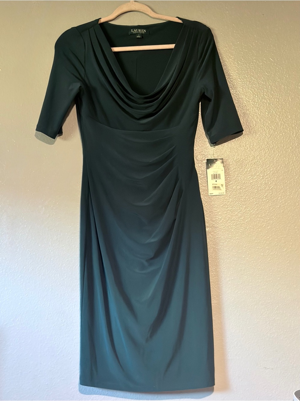 Lauren Ralph Lauren Woodland Green Cowl Neck Ruched Sheath Dress Size 4 NWT